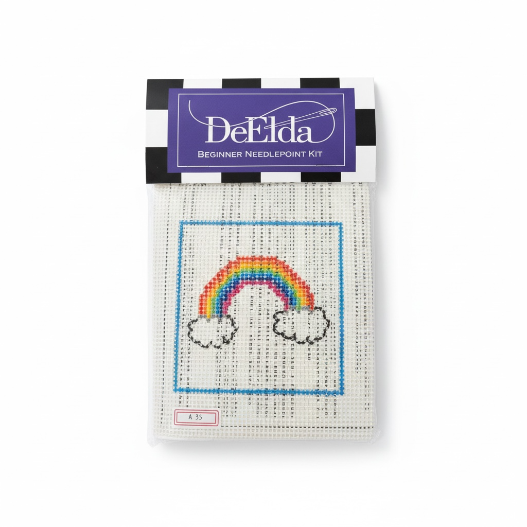 DeElda beginner needlepoint kit with rainbow design on a white background