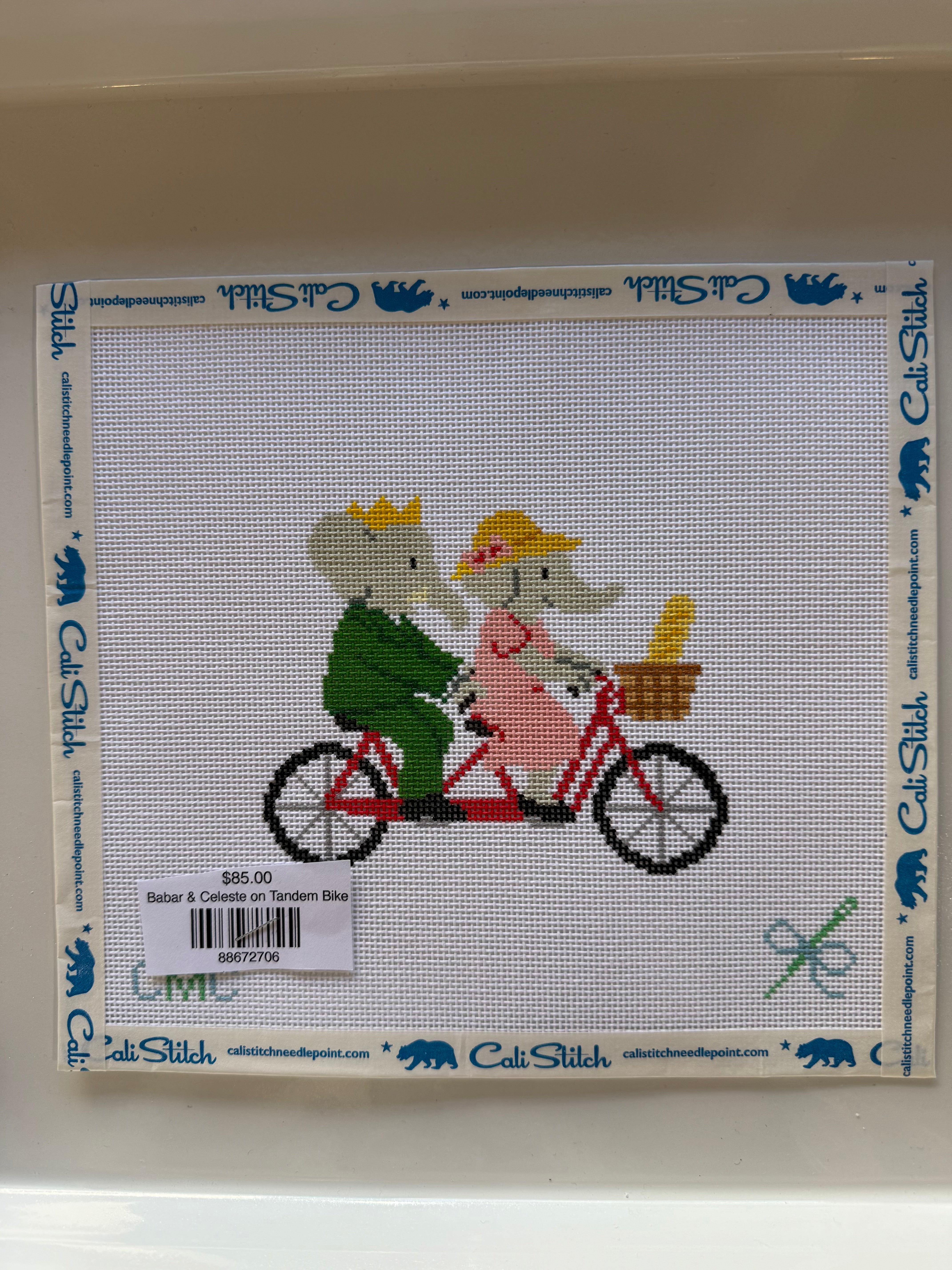 Babar & Celeste on Tandem Bike | Cali Stitch – Cali Stitch Needlepoint