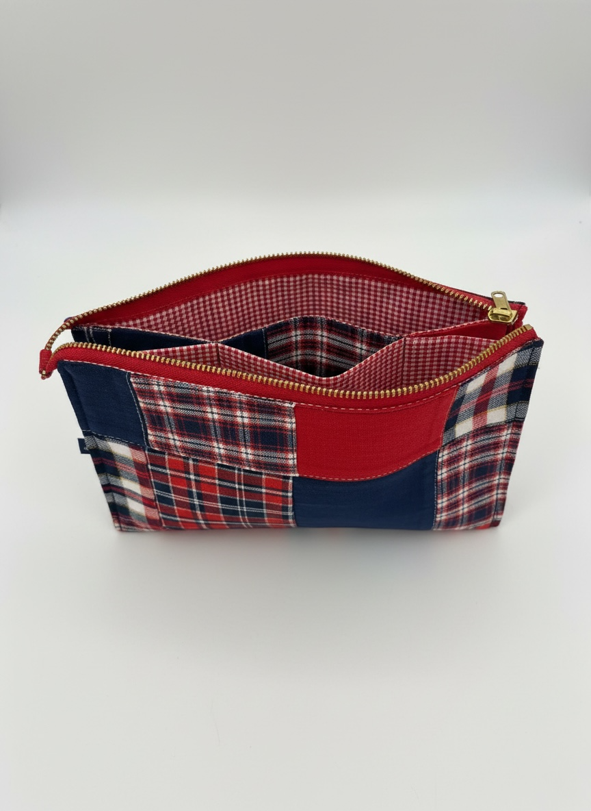 Hand Sewn project Bag - Madras, Red White Blue